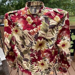 Women's Suzette Fall Floral Cotton Spandex Jacket Large Tan Burgundy Green